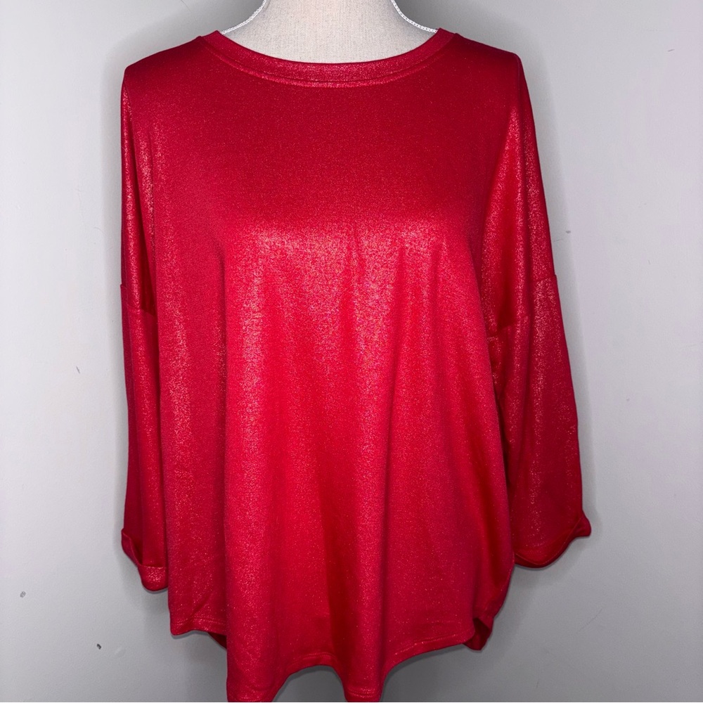 Crown & Ivy NEW red shimmer gold foil 3/4 sleeve French terry tee shirt size XL